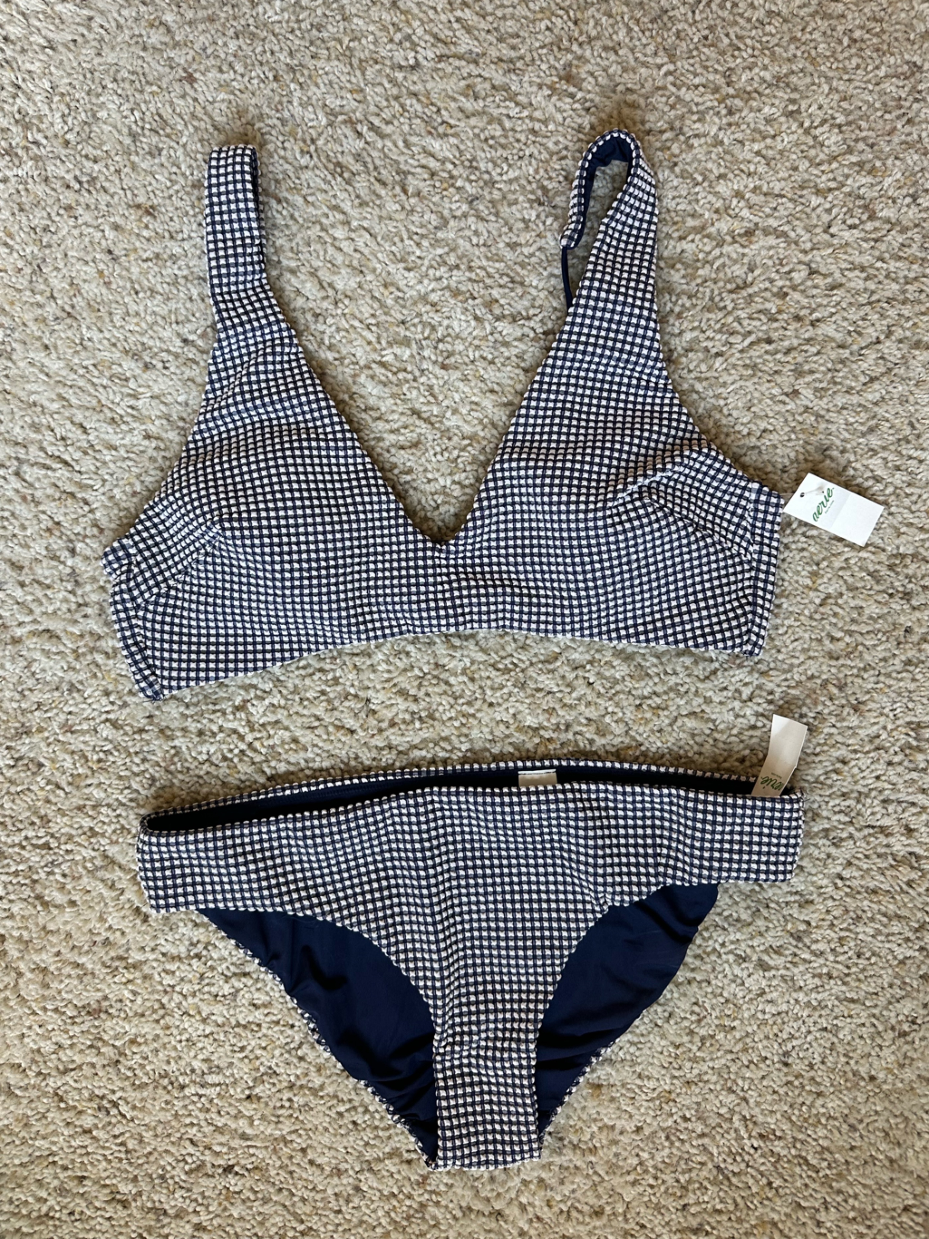 Aerie Navy Seersucker Wide Strap Bikini Top (L) + Full Coverage Bottom (M) Nwt!!